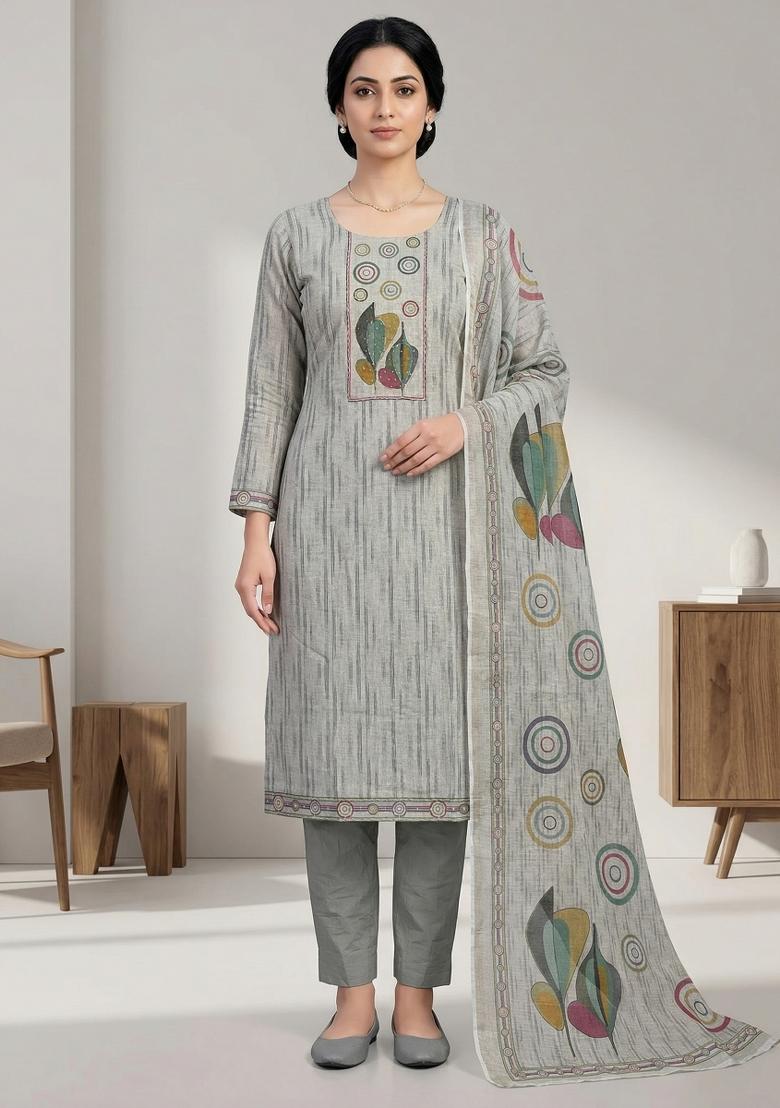 Beige Printed Linen Salwar Kameez - Indya