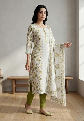 Off White Printed Cotton Salwar Kameez