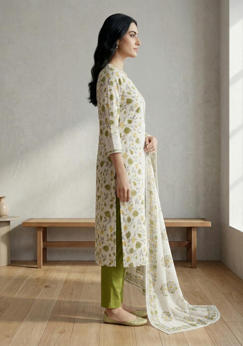 Off White Printed Cotton Salwar Kameez - Indya