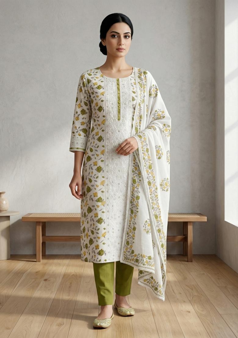 Off White Printed Cotton Salwar Kameez - Indya