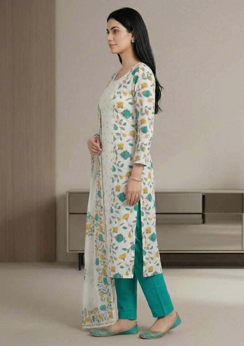 Off White Printed Cotton Salwar Kameez - Indya