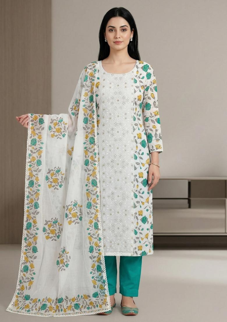 Off White Printed Cotton Salwar Kameez - Indya