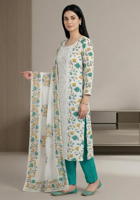 Off White Printed Cotton Salwar Kameez