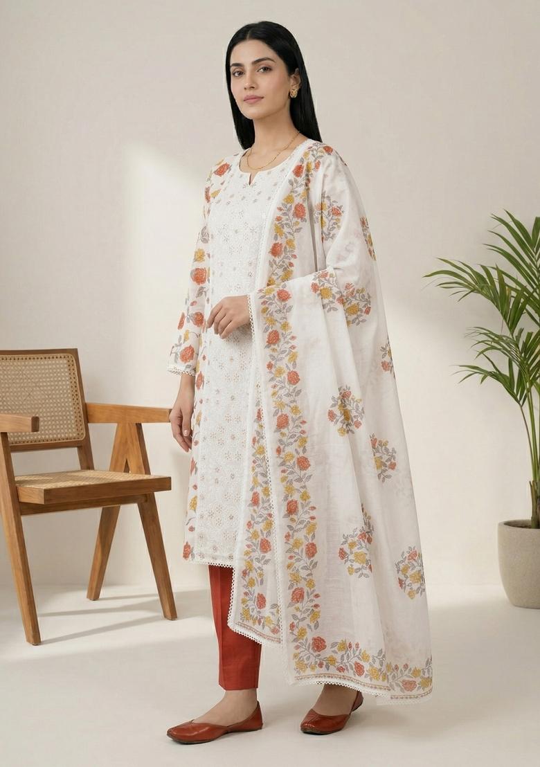 Off White Printed Cotton Salwar Kameez - Indya