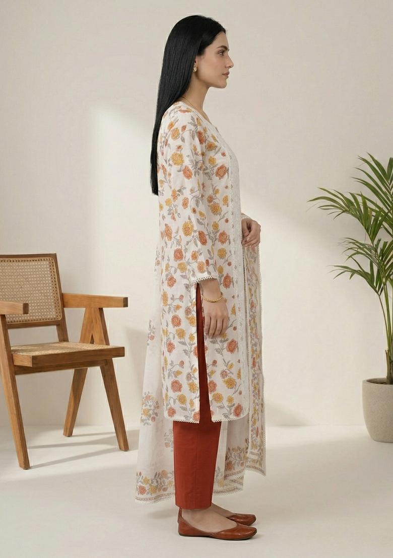 Off White Printed Cotton Salwar Kameez - Indya