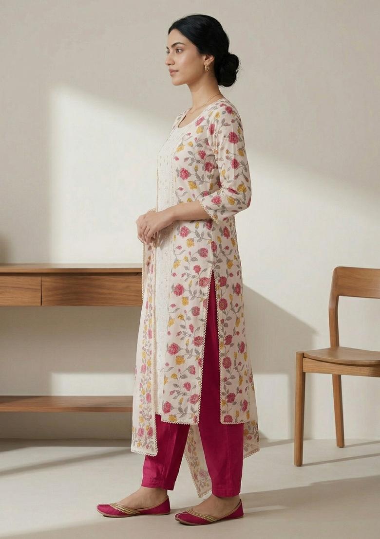 Off White Printed Cotton Salwar Kameez - Indya
