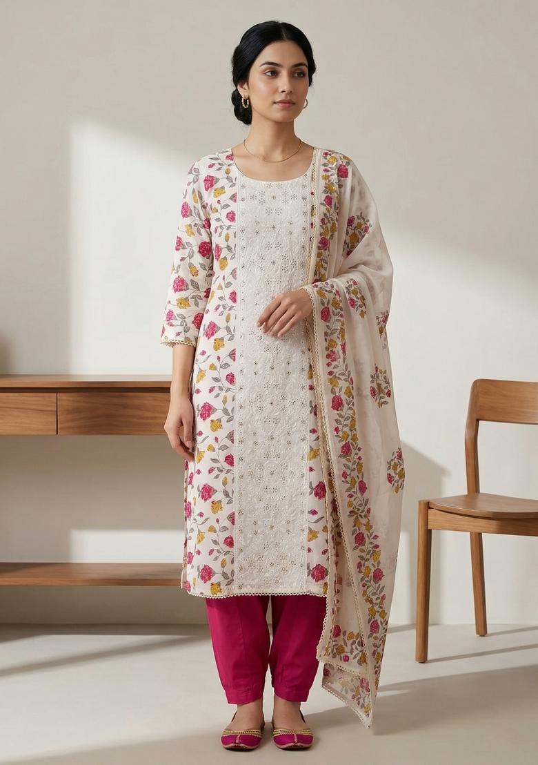 Off White Printed Cotton Salwar Kameez - Indya
