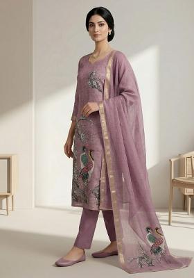 Purple Printed Linen Salwar Kameez