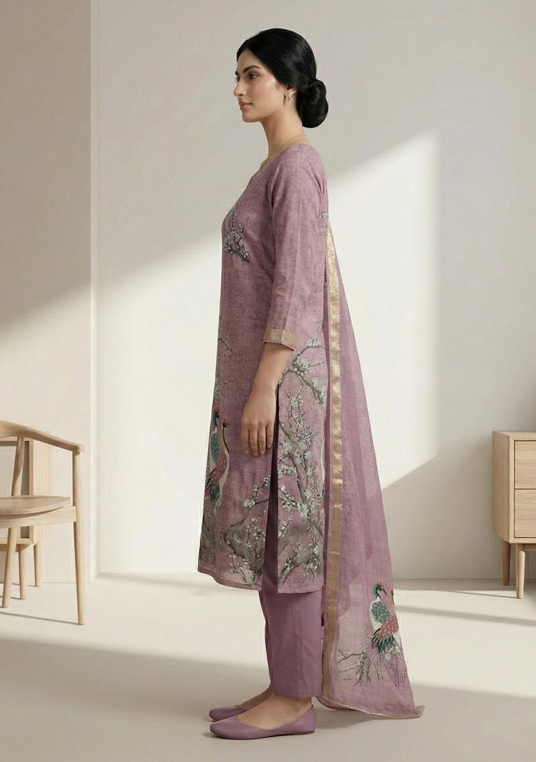 Purple Printed Linen Salwar Kameez - Indya