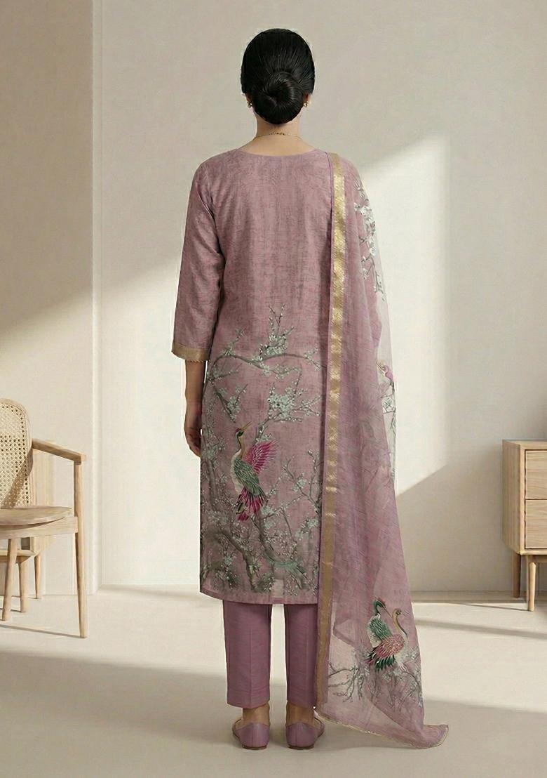 Purple Printed Linen Salwar Kameez - Indya
