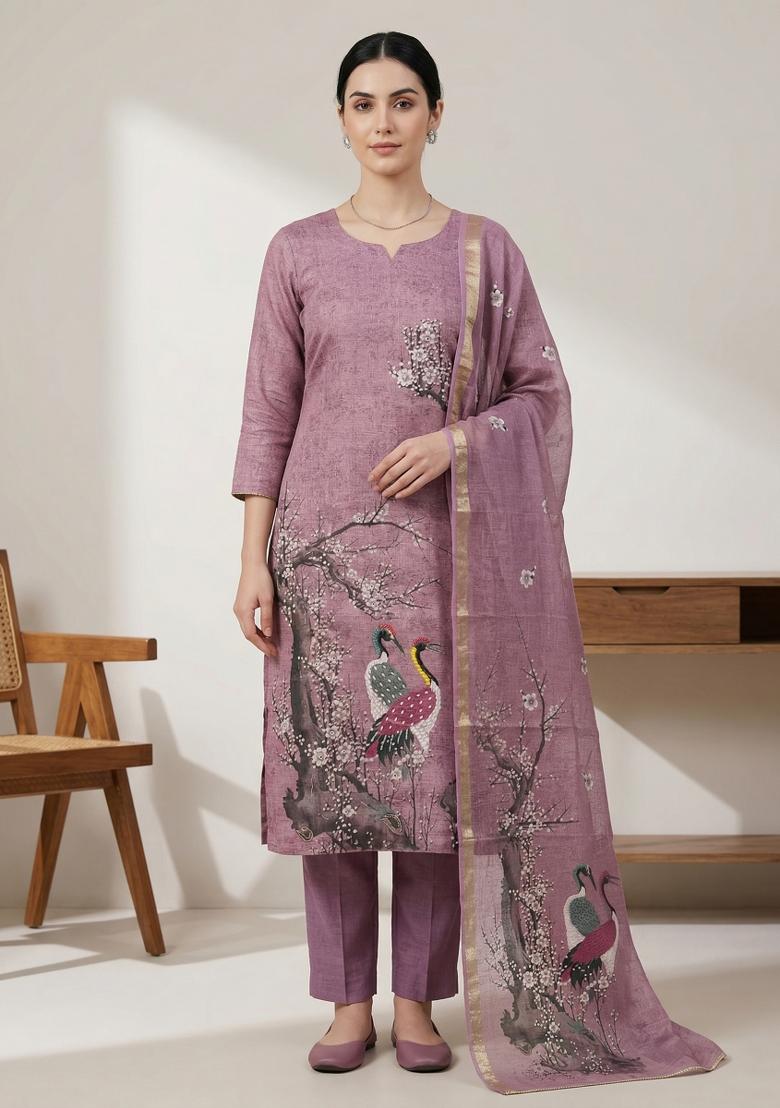 Purple Printed Linen Salwar Kameez - Indya