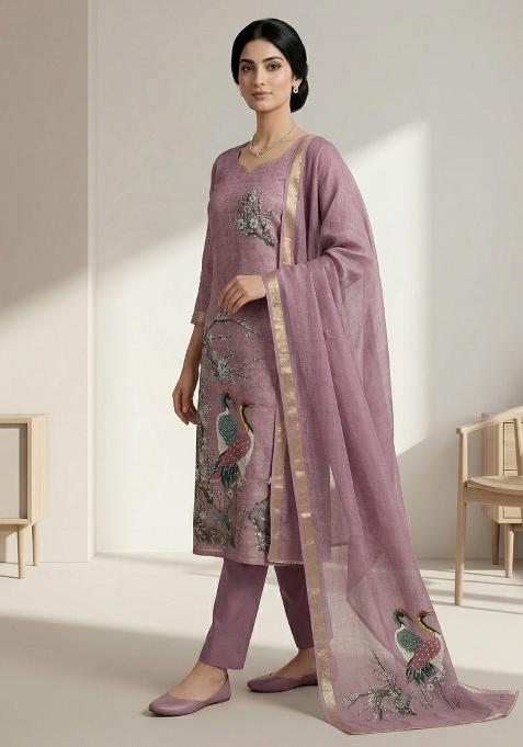Purple Printed Linen Salwar Kameez