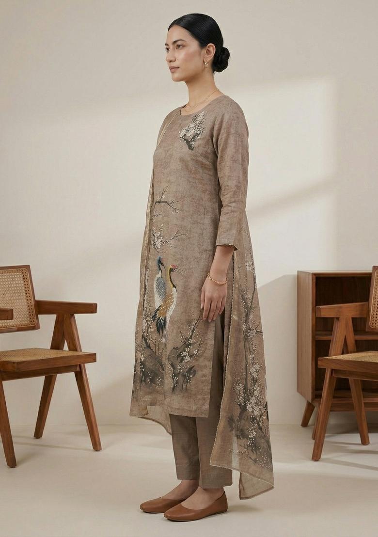 Golden Printed Linen Salwar Kameez - Indya