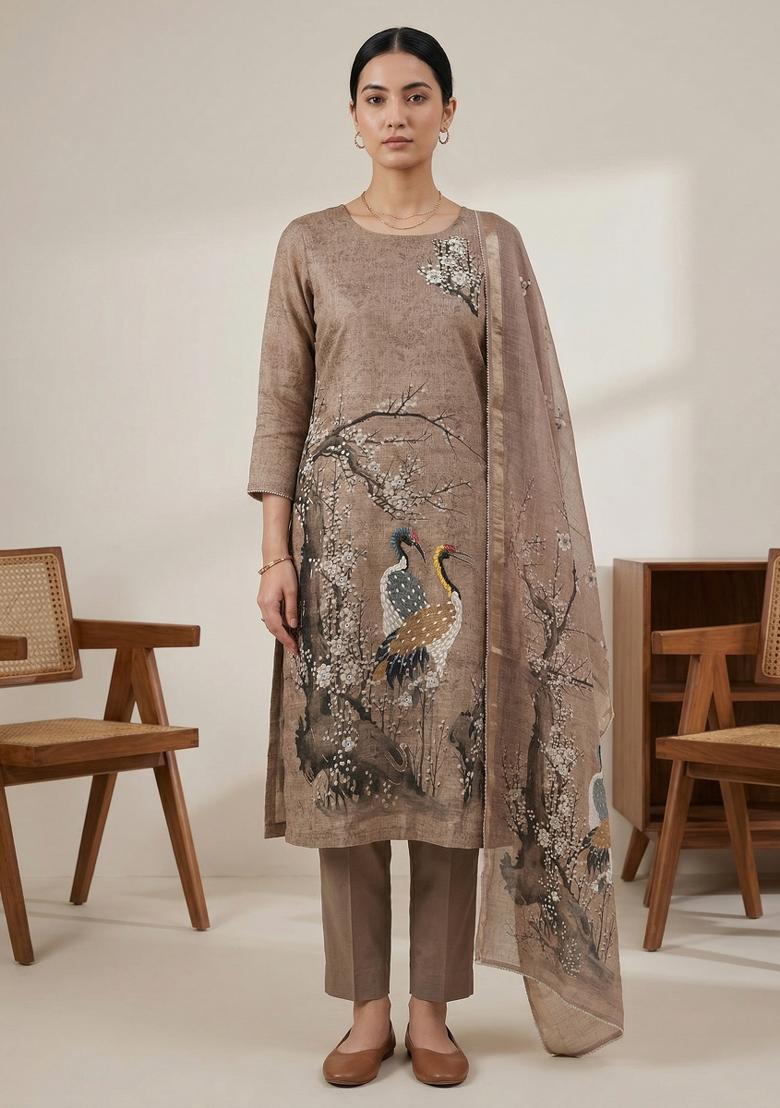 Golden Printed Linen Salwar Kameez - Indya