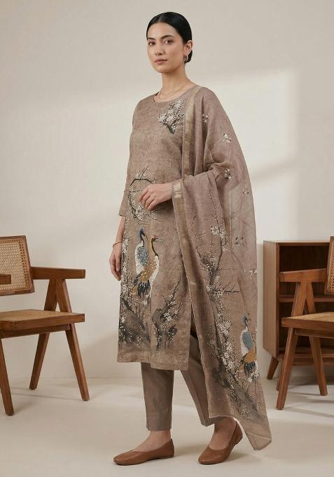 Golden Printed Linen Salwar Kameez — view on Indya