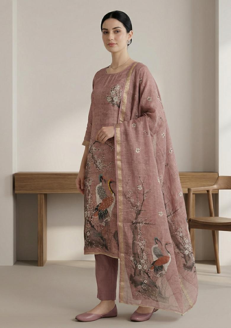 Rust Printed Linen Salwar Kameez - Indya