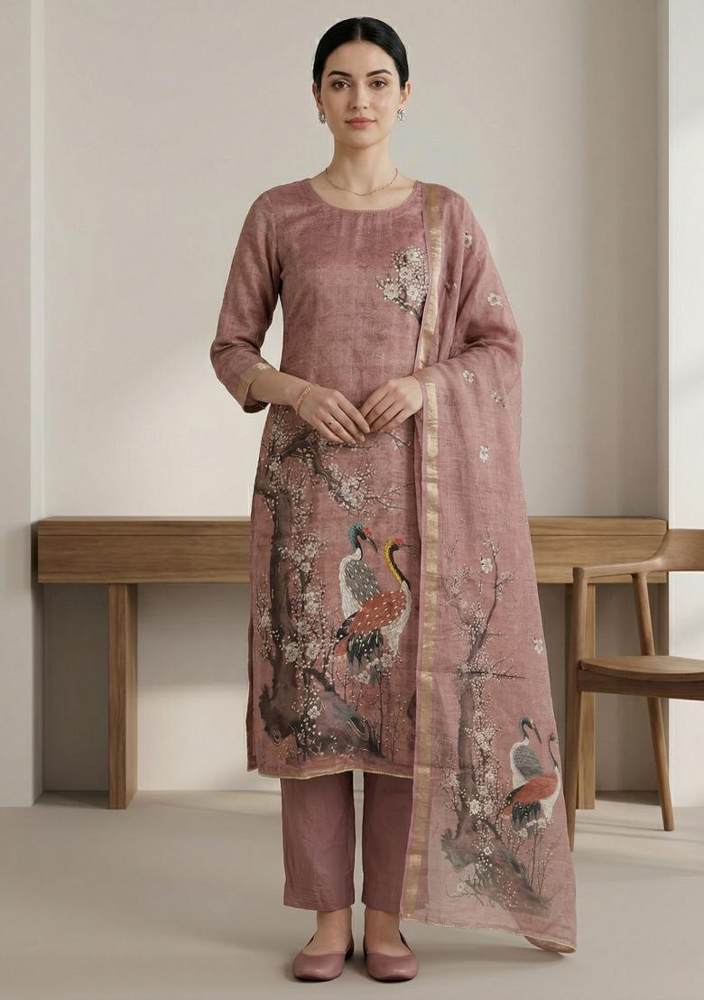Rust Printed Linen Salwar Kameez - Indya