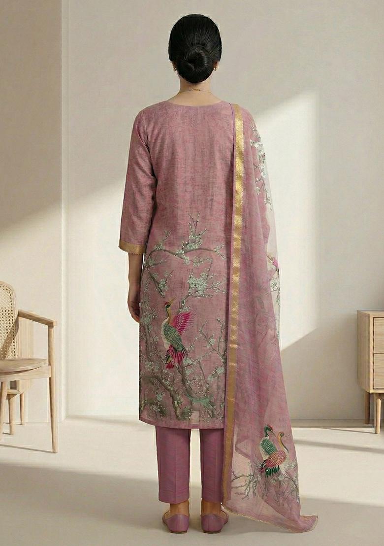 Rust Printed Linen Salwar Kameez - Indya