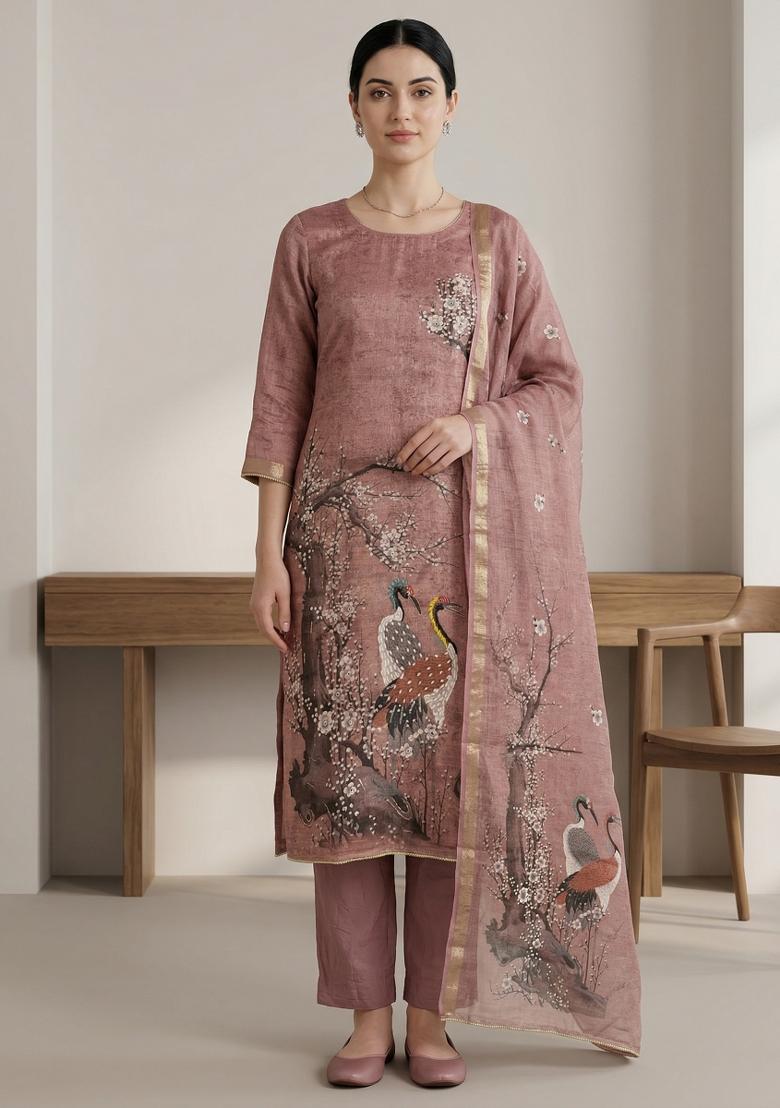 Rust Printed Linen Salwar Kameez - Indya