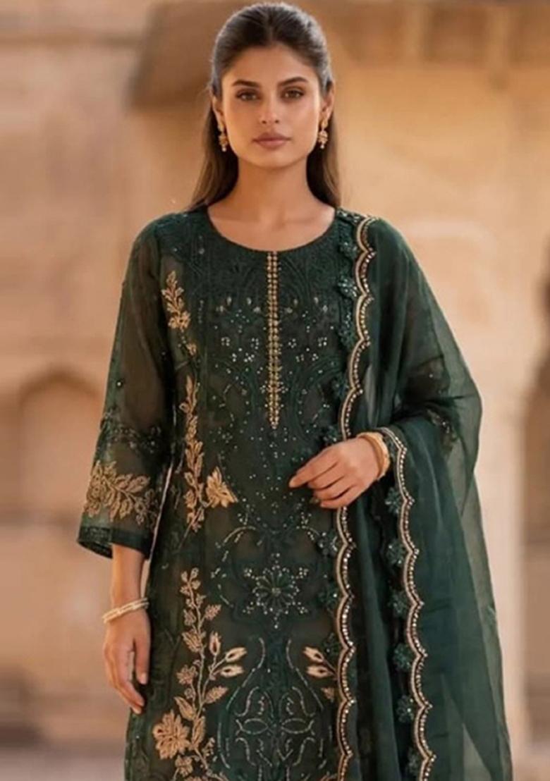 Dark Green Embroidery Silk Salwar Kameez - Indya