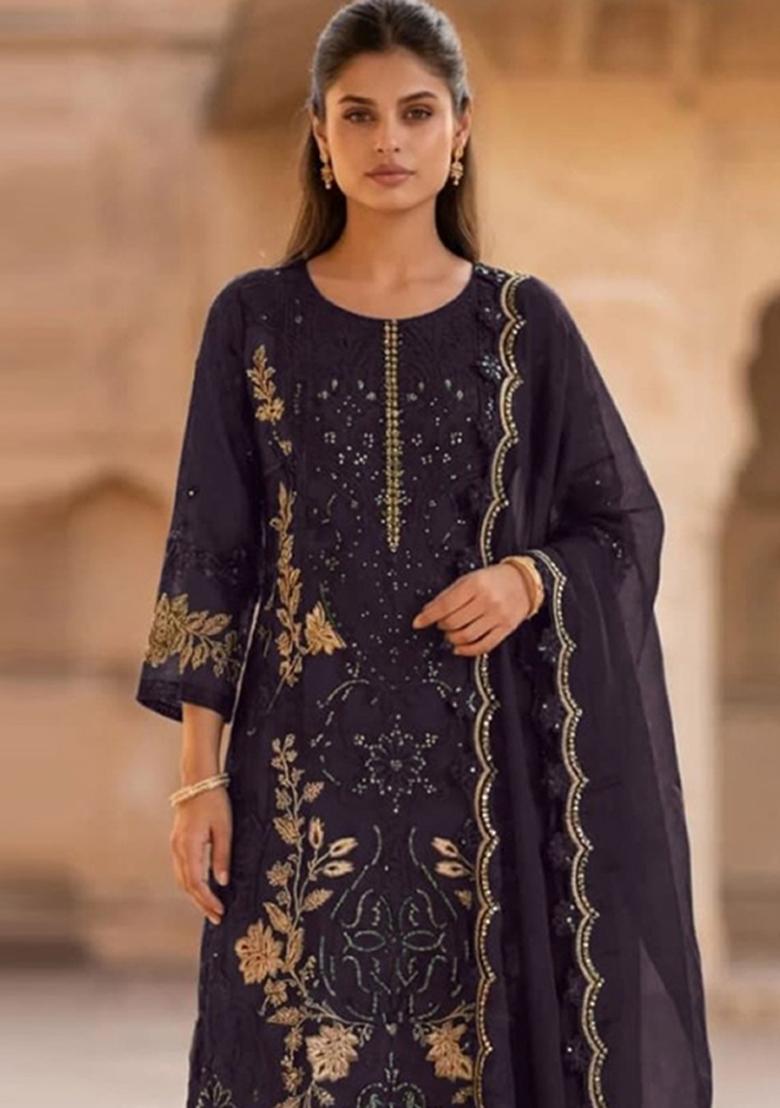 Purple Embroidery Silk Salwar Kameez - Indya