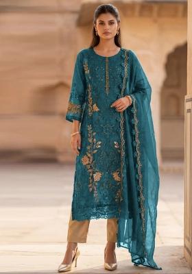 Teal Blue Embroidery Silk Salwar Kameez