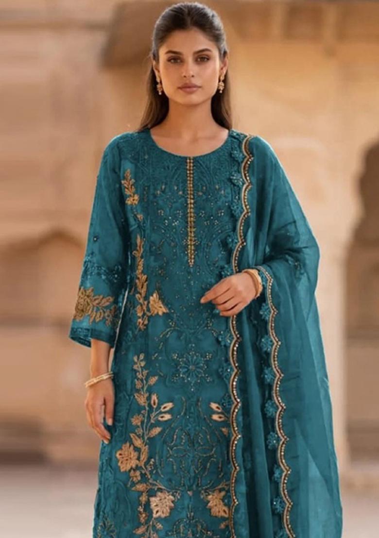 Teal Blue Embroidery Silk Salwar Kameez - Indya