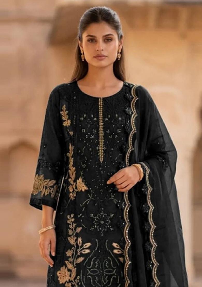 Black Embroidery Silk Salwar Kameez - Indya