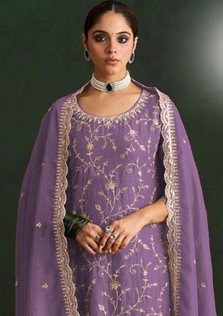 Purple Embroidery Silk Salwar Kameez - Indya