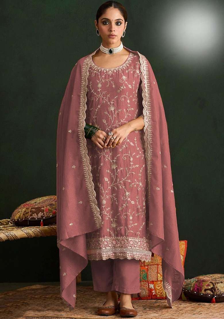 Peach Embroidery Silk Blend Salwar Kameez - Indya