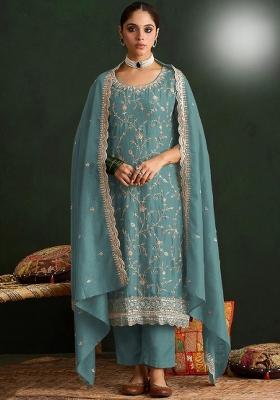 Blue Embroidery Silk Salwar Kameez
