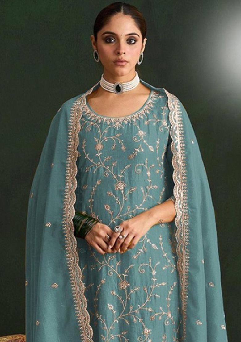 Blue Embroidery Silk Salwar Kameez - Indya