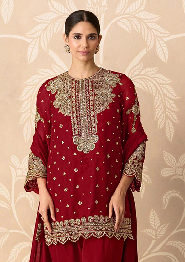 Red Embroidery Georgette Salwar Kameez - Indya