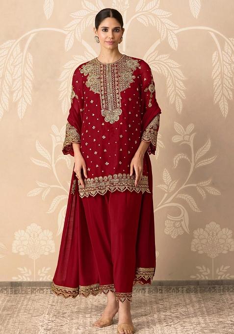 Red Embroidery Georgette Salwar Kameez