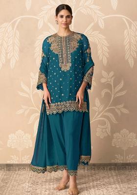 Teal Blue Embroidery Georgette Salwar Kameez
