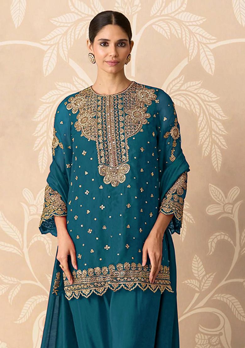 Teal Blue Embroidery Georgette Salwar Kameez - Indya