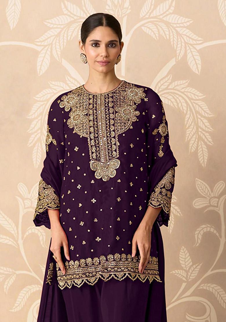 Purple Embroidery Georgette Salwar Kameez - Indya