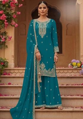 Teal Blue Embroidery Georgette Salwar Kameez