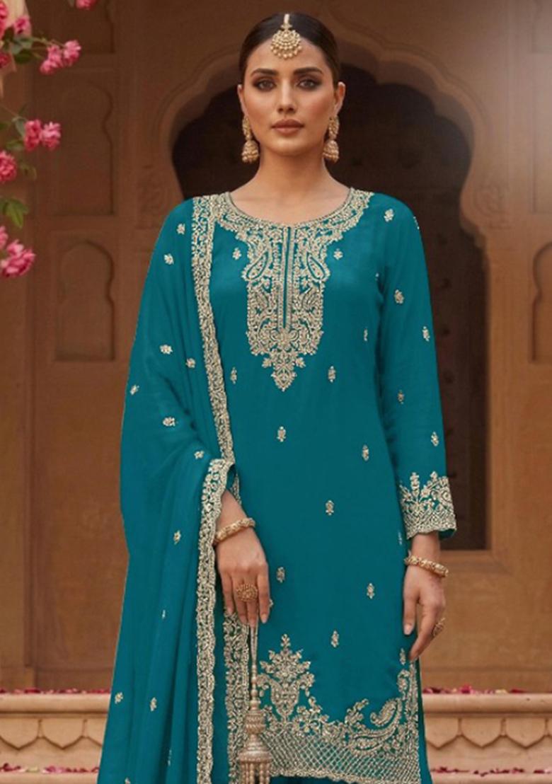 Teal Blue Embroidery Georgette Salwar Kameez - Indya