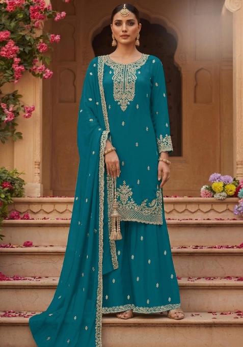 Teal Blue Embroidery Georgette Salwar Kameez