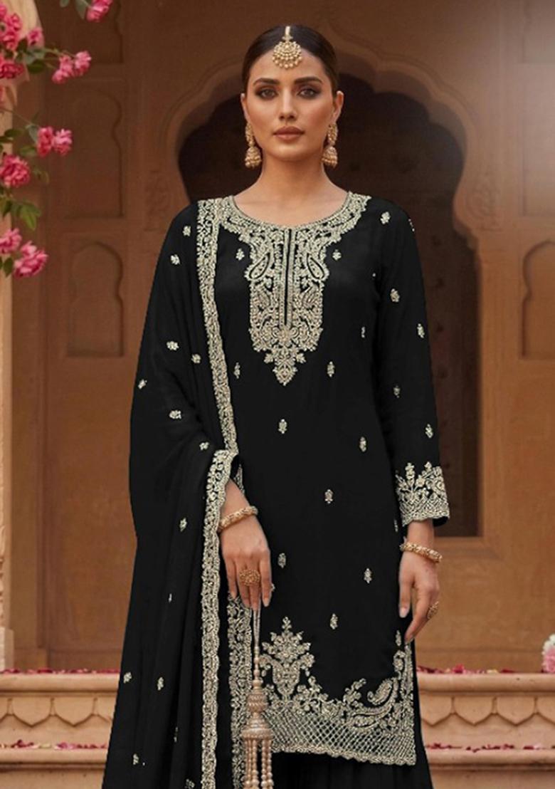 Black Embroidery Georgette Salwar Kameez - Indya