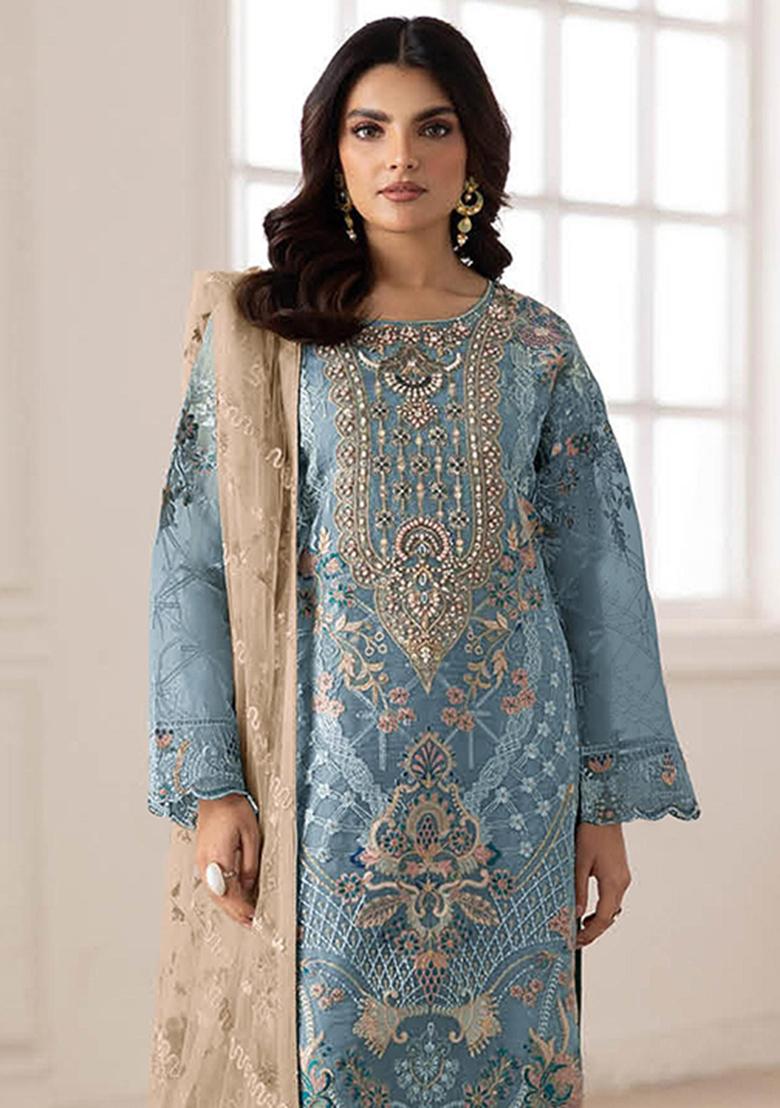 Blue Embroidery Silk Salwar Kameez - Indya