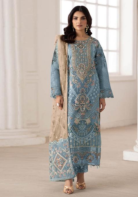 Blue Embroidery Silk Salwar Kameez
