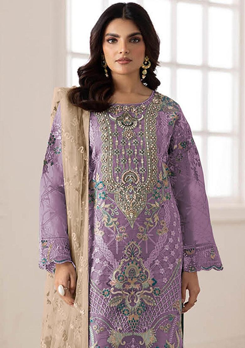 Purple Embroidery Silk Salwar Kameez - Indya