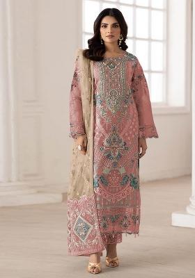 Peach Embroidery Silk Salwar Kameez
