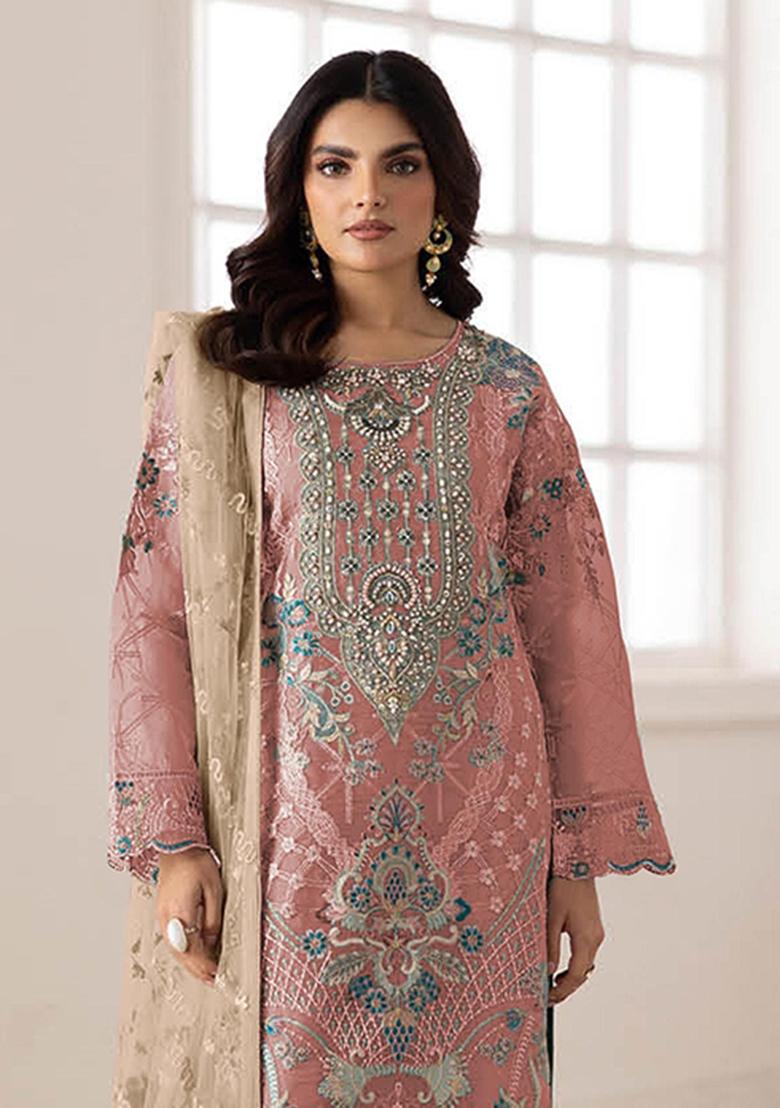Peach Embroidery Silk Salwar Kameez - Indya