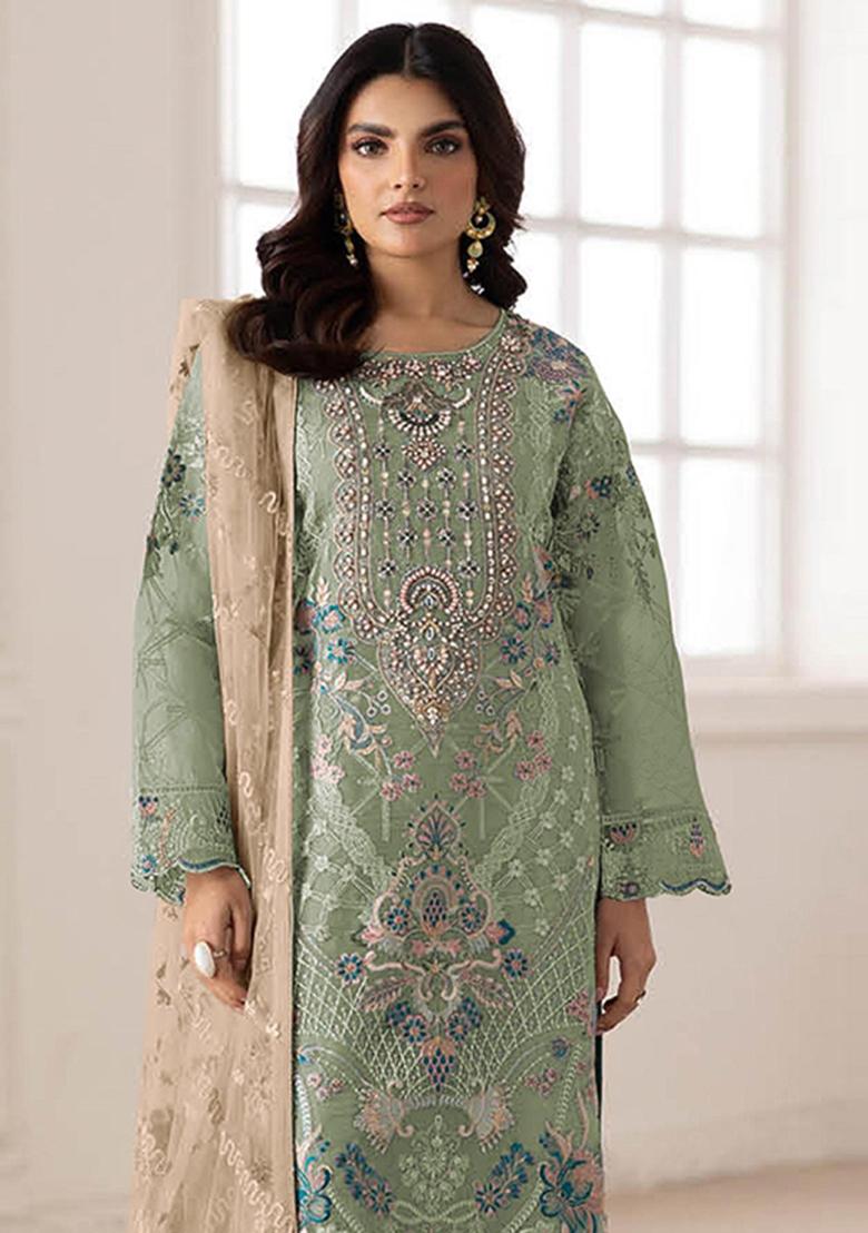 Green Embroidery Silk Salwar Kameez - Indya