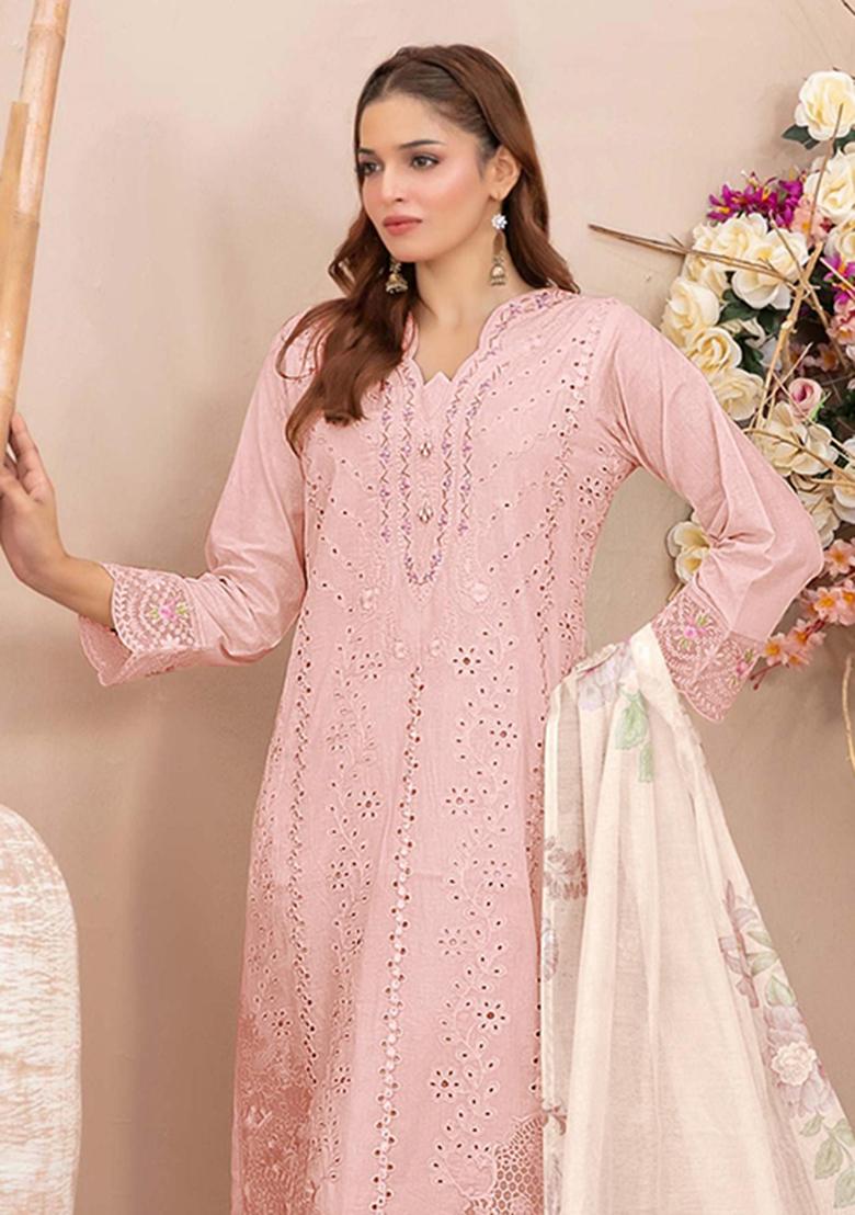 Baby Pink Embroidery Georgette Salwar Kameez - Indya