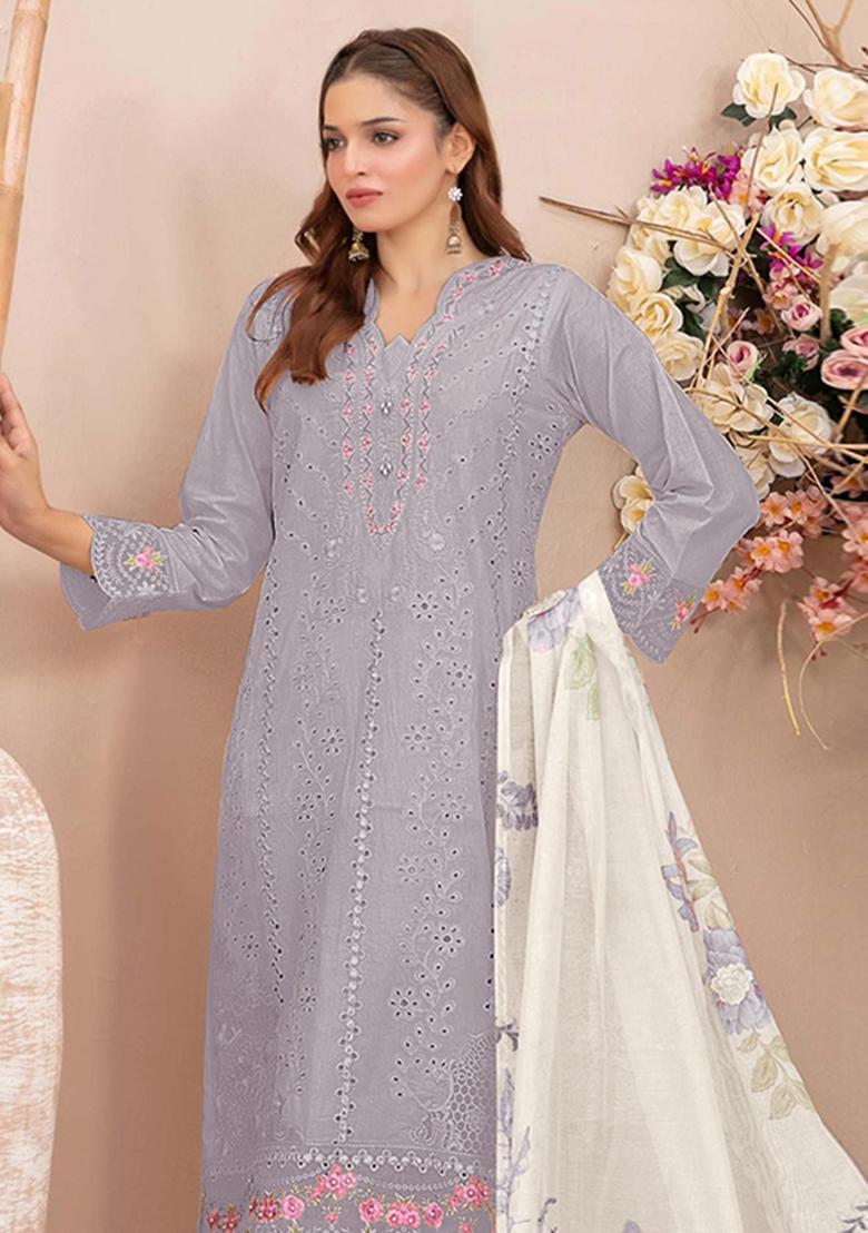 Grey Embroidery Georgette Salwar Kameez - Indya