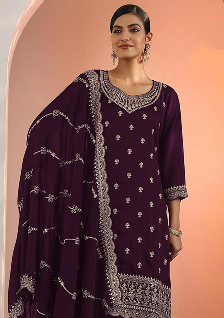 Wine Embroidery Georgette Salwar Kameez - Indya